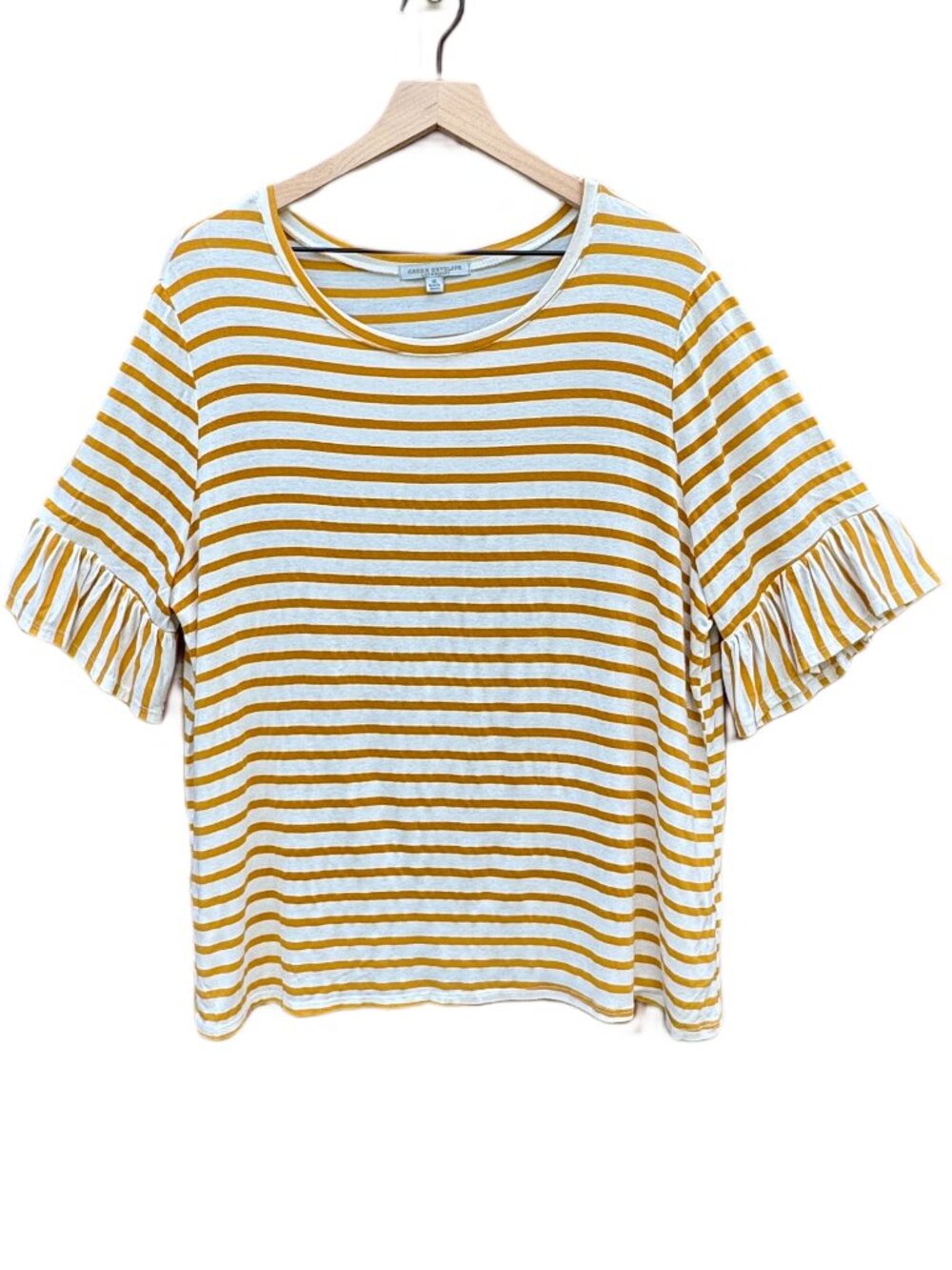 Green Envelope Top Size 1X Mustard Yellow Striped Short Ruffle Sleeve Whimsical